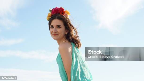 Woman Portrait With A Florar Crown Tiara Diadem Stock Photo - Download Image Now - Floral Crown, Forest, Nature