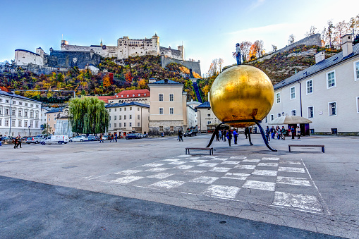 Salzburg, Austria - November 5, 2018: Sphaera sculpture by Stephan Balkenhol in Salzburg Austria