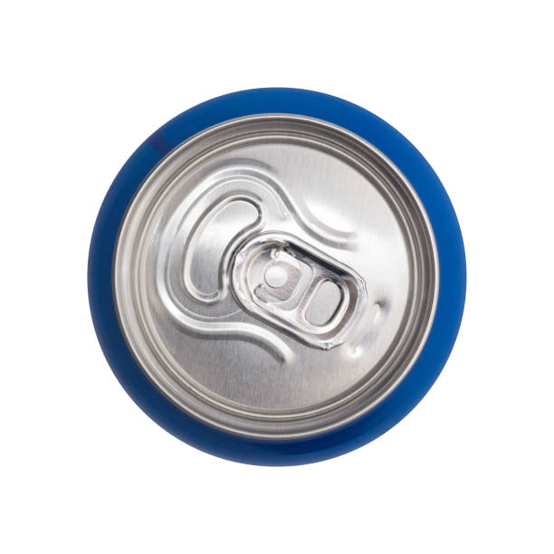 closed lid of a beverage can with blue line on a can
