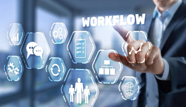 istock Workflow with businessman on blurred abstract background. Business concept. 1292304385