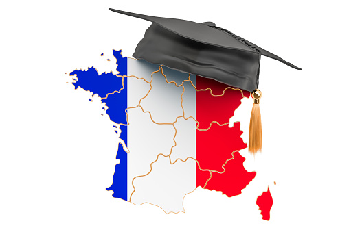 Education in France concept. French map with graduate cap, 3D rendering isolated on white background
