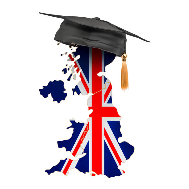 istock Education in the United Kingdom concept. British map with graduate cap, 3D rendering isolated on white background 1292305622