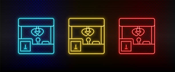 ilustraciones, imágenes clip art, dibujos animados e iconos de stock de iconos de neón. juego de máquina de garra retro. conjunto de icono vectorial de neón rojo, azul y amarillo - arcade amusement arcade leisure games machine