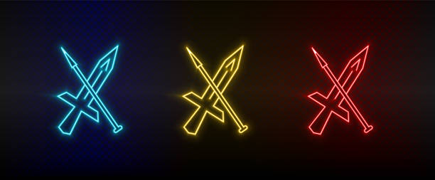 istock Neon icons. Sward fighting games retro. Set of red, blue, yellow neon vector icon 1292306353