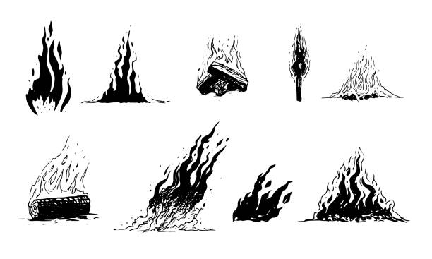 Hand Drawn Flames And Fire Set of hand drawn fire and flame elements. Wood burning, torch and flames isolated on white background. flame silhouettes stock illustrations