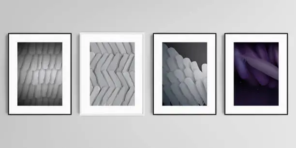 Vector illustration of Realistic vector set of picture frames in A4 format isolated on gray background. Feathers, birds plumage in abstract style. Graphic pattern. Vector illustration design.