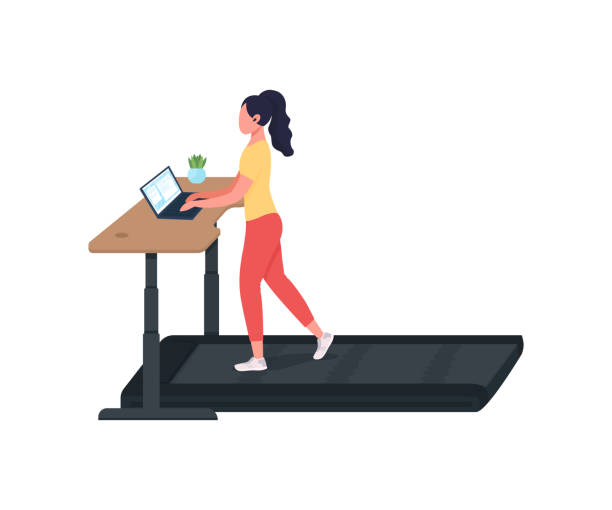 Woman working at treadmill workstation flat color vector faceless character Woman working at treadmill workstation flat color vector faceless character. Manager at laptop. Cardio training at workplace isolated cartoon illustration for web graphic design and animation walking desk stock illustrations
