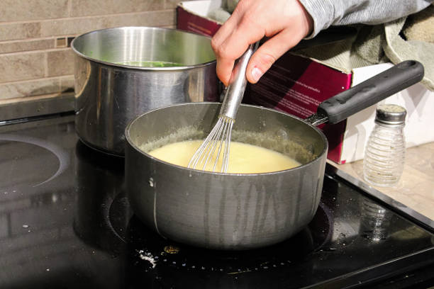 istock A hand stirring a pot with a wisk on a dirty stove 1292310644