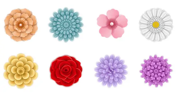 Vector illustration of set of isolated paper flowers