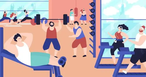 Vector illustration of People training in gym. Strong active exercise, training fitness center. Aerobics group, flat healthy person jogging decent vector concept