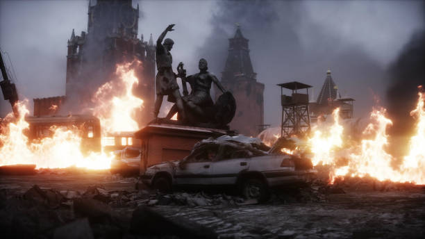 istock Russian apocalypsis. burning ruined Moscow city. Armageddon view. Realistic fire simulation. Postapocalyptic. 3d rendering. 1292318821
