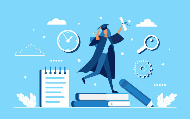 Graduate celebration concept with happy woman student Graduate celebration concept vector illustration. Cartoon happy woman student character jumping with diploma in hand, celebrating success end of training school education and graduation background graduation stock illustrations