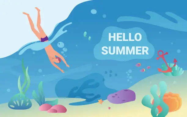 Vector illustration of Hello summer concept with swimmer in underwater sea bottom