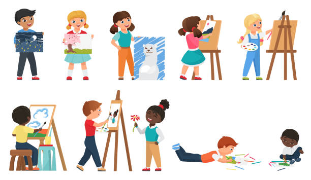 Kids painting set with cartoon young artists drawing art work with painting tool Kids painting vector illustration set. Cartoon young artist characters drawing art work with painting tools, preschool or school children standing in front of easel, childhood hobby isolated on white african american boy drawing stock illustrations