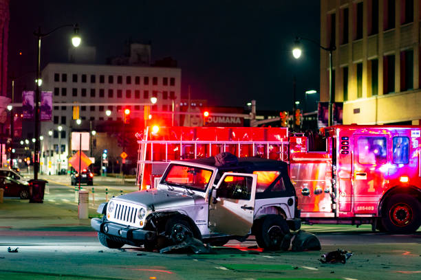 Auto accident at Cass and Grand River Detroit MI December 20th 2020 5:50pm stock photo