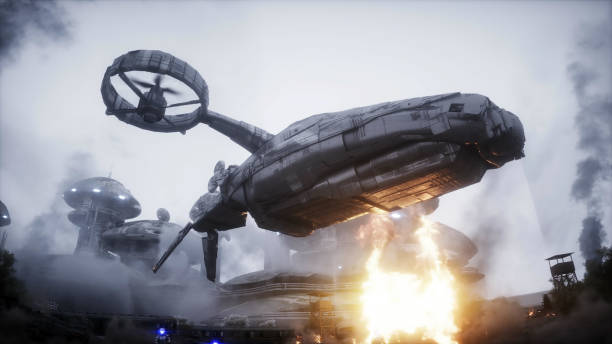 istock Futuristic sci fi ship take wing. Military robot. Apocalypse city. 3d rendering. 1292321664
