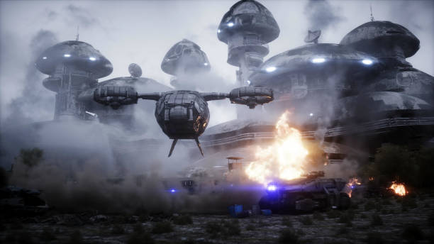 istock Futuristic sci fi ship take wing. Military robot. Apocalypse city. 3d rendering. 1292321668