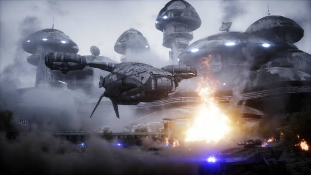 istock Futuristic sci fi ship take wing. Military robot. Apocalypse city. 3d rendering. 1292321669