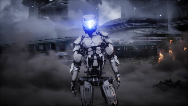 istock Futuristic sci fi ship take wing. Military robot. Apocalypse city. 3d rendering. 1292321680