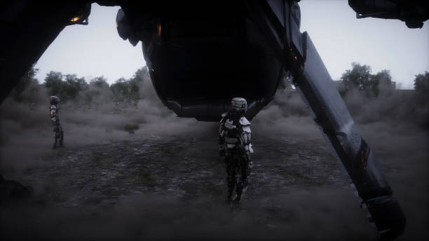 istock Futuristic sci fi ship take wing. Military robot. Apocalypse city. 3d rendering. 1292321683