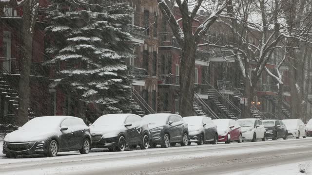 Montreal plateau residential district row of house with parked cars during a snow storm