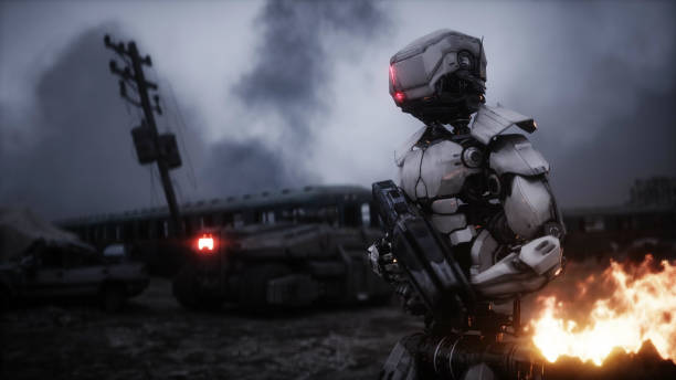 istock Military robot in a burning ruined apocalyptic city. Armageddon view. Realistic fire simulation. Postapocalyptic. 1292324664