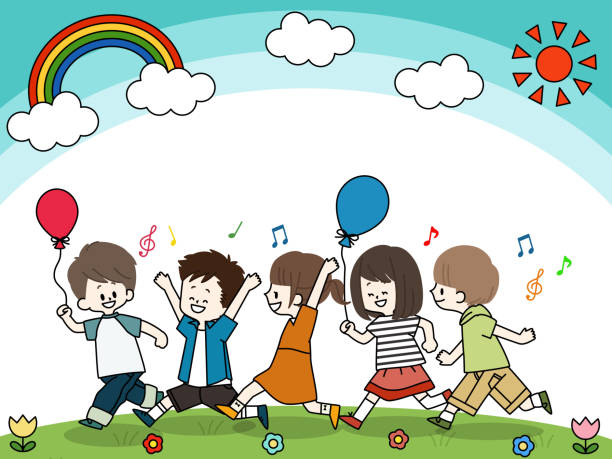 ilustrações de stock, clip art, desenhos animados e ícones de children playing under the blue sky - preschooler playing family summer