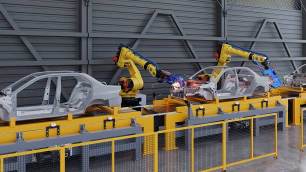 Car frame on slide conveyor on the Automobile Plant with Spot Welding Robots.3d rendering