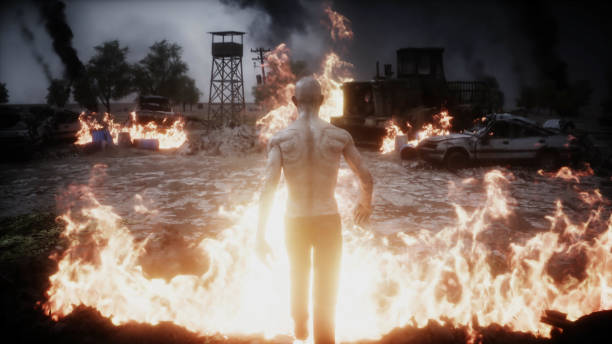 istock Zombie in a burning ruined apocalyptic city. Armageddon view. 1292327616
