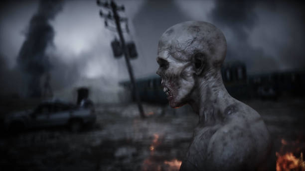 istock Zombie in a burning ruined apocalyptic city. Armageddon view. 1292327620