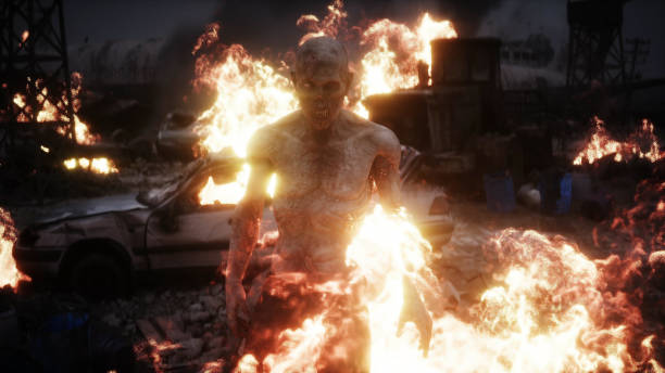 istock Zombie in a burning ruined apocalyptic city. Armageddon view. 1292327637
