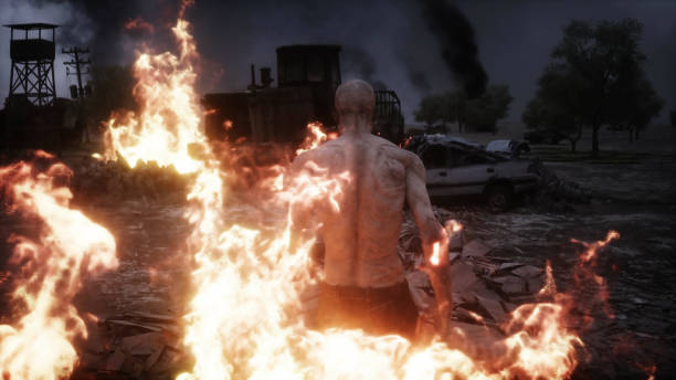 istock Zombie in a burning ruined apocalyptic city. Armageddon view. 1292327639