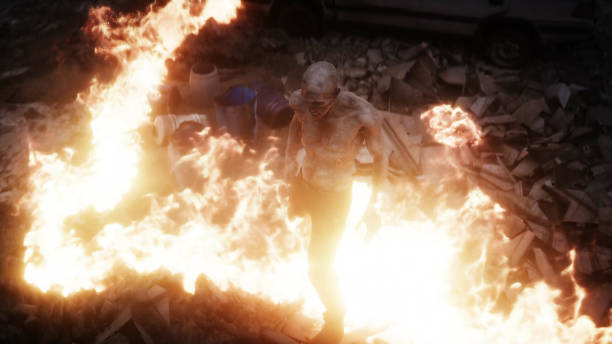 istock Zombie in a burning ruined apocalyptic city. Armageddon view. 3d rendering. 1292327640