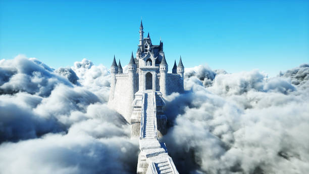 Fairytale palace in clouds. Aerial view. Overclouds. 3d rendering
