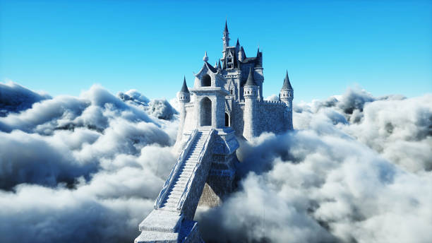 istock Fairytale palace in clouds. Aerial view. Overclouds. 3d rendering 1292329075