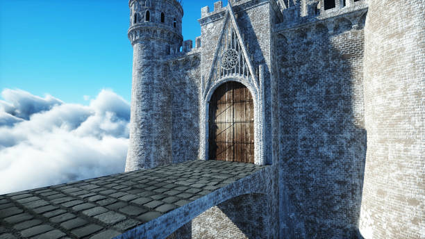 istock Fairytale palace in clouds. Aerial view. Overclouds. 3d rendering 1292329083