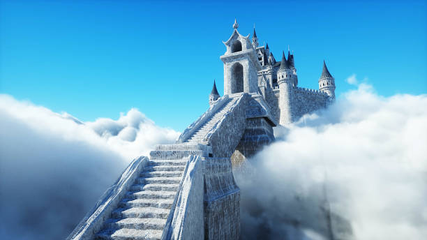istock Fairytale palace in clouds. Aerial view. Overclouds. 3d rendering 1292329088