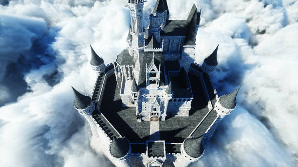 istock Fairytale palace in clouds. Aerial view. Overclouds. 3d rendering 1292329100