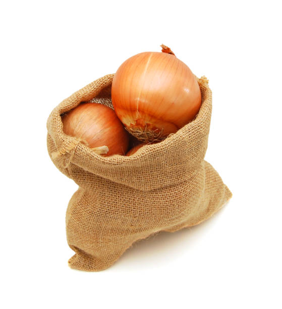 Open jute sack with ripe onions, isolated on white background