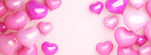 istock Happy Valentines Day with pink heart shape balloon, copy space text, wide background, 3D rendering illustration. 1292330913