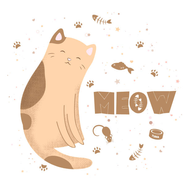 ilustracja wektorowa z uroczym teksturowanym kotem z kreskówek i ręcznie rysowanym napisem meow izolowana na białym tle. projekt nadruku koszulek, tkaniny, tapety, karty - animal skeleton illustrations stock illustrations