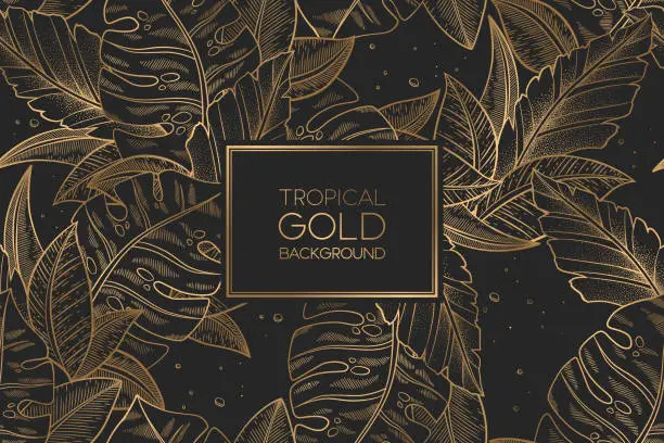 Vector illustration of Vector seamless pattern with gold trendy exotic palm and monstera leaves isolated on black background. Elegant design for print, fabric, wallpaper, card, invitation