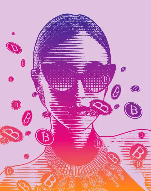 Vector illustration of Successful woman and bitcoins