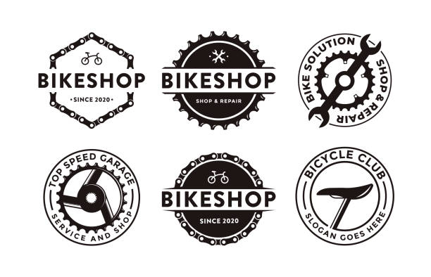 Set of badge emblem bicycle shop bike club icon vector illustration with gear crank and mechanic tool concept Set of badge emblem bicycle shop bike club icon vector illustration with gear crank and mechanic tool concept bicycle gear stock illustrations