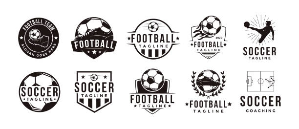 stockillustraties, clipart, cartoons en iconen met reeks vintage de clubclubliga van de voetbalsport met de drager van het voetbalvoetbal op witte achtergrond - voetbal teamsport