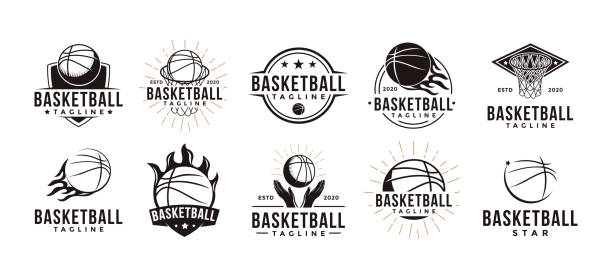 白い背景にヴィンテージバスケットボールスポーツチームクラブリーグアイコンベクトルのセット - dunk shot点のイラスト素材／クリップアート素材／マンガ素材／アイコン素材
