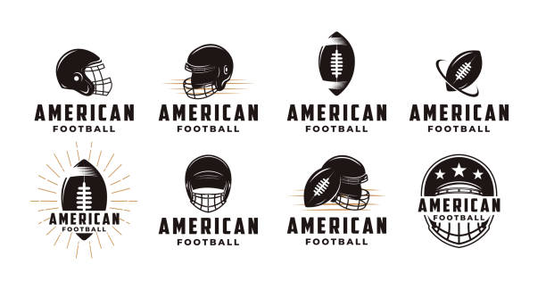 ilustraciones, imágenes clip art, dibujos animados e iconos de stock de conjunto de vintage insignia parche emblema deporte de fútbol americano con icono vectorial equipo de fútbol americano - american football playing touchdown team sport