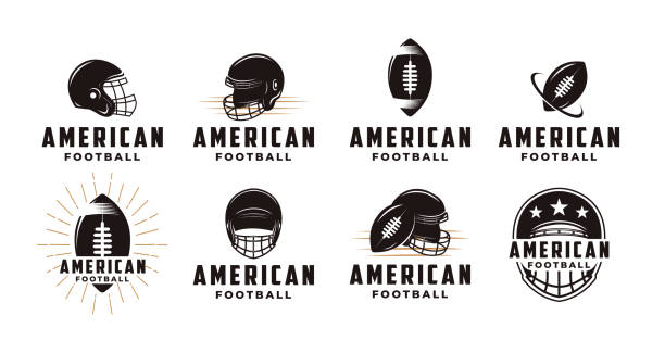 빈티지 배지 패치 엠블럼 미식 축구 스포츠의 세트 와 미식 축구 장비 벡터 아이콘 - american football playing touchdown team sport stock illustrations