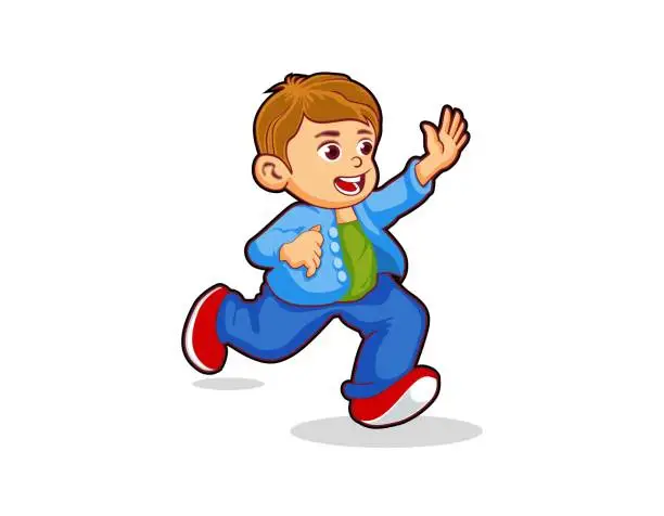 Vector illustration of Young Male Kid Running and Waiving His Hand