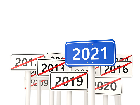 2021 New year symbol on a road sign. 3D illustration